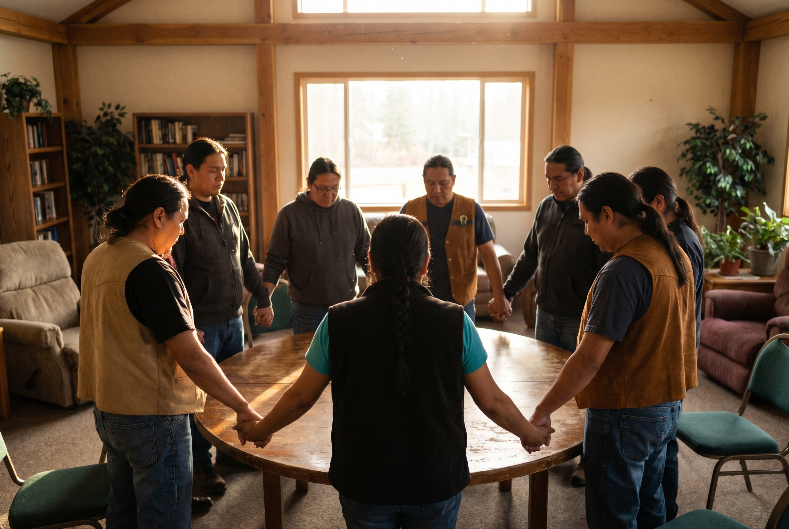 A circle of people holding hands in prayer around a table