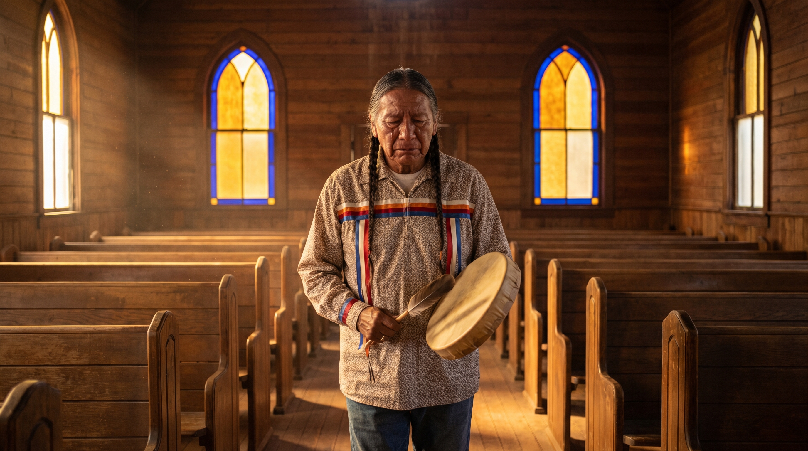 Native man with drum walking into a sunlit church
